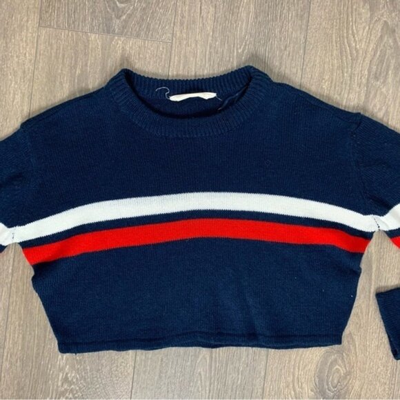 Bluenotes Women's Sweater Top Knit Cropped Stripe Long sleeve Navy Blue Medium - Picture 4 of 11